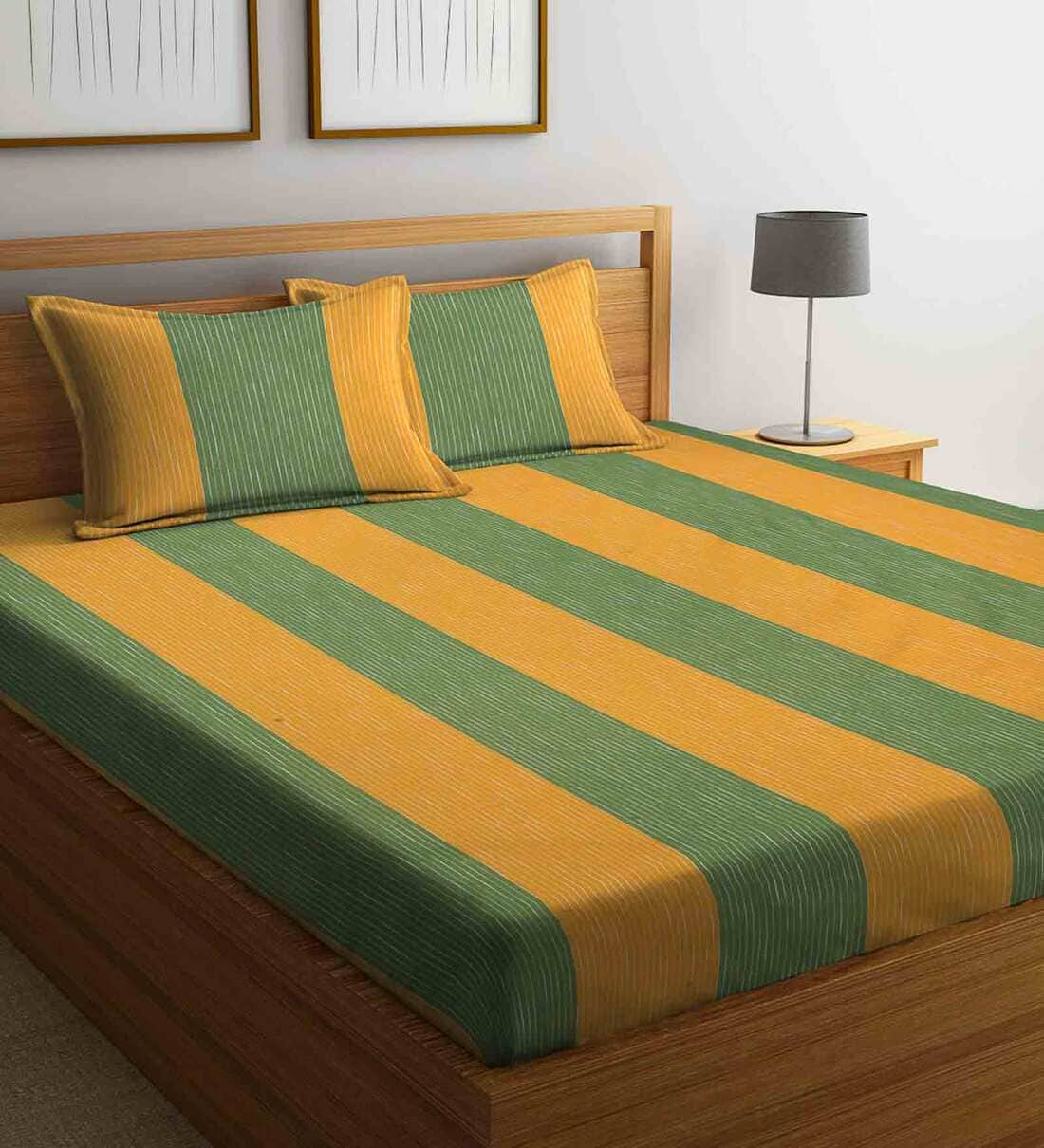 Buy Green Geometric 300 TC Cotton 1 Double Bedsheet With 2 Pillow