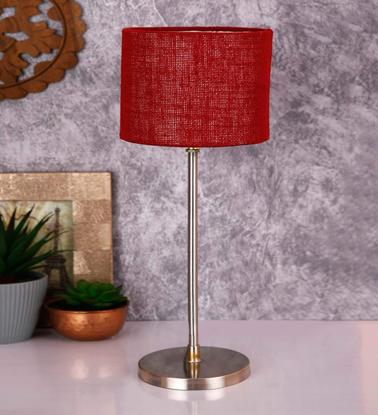 Buy Maroon Jute Shade Country Table Lamp With Steel Base By New Era At