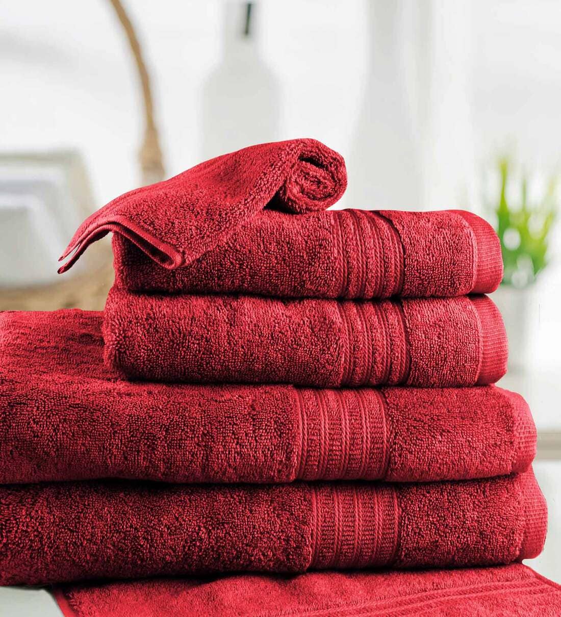 Buy Red Gsm Cotton Pieces Towel Set By Trident Online