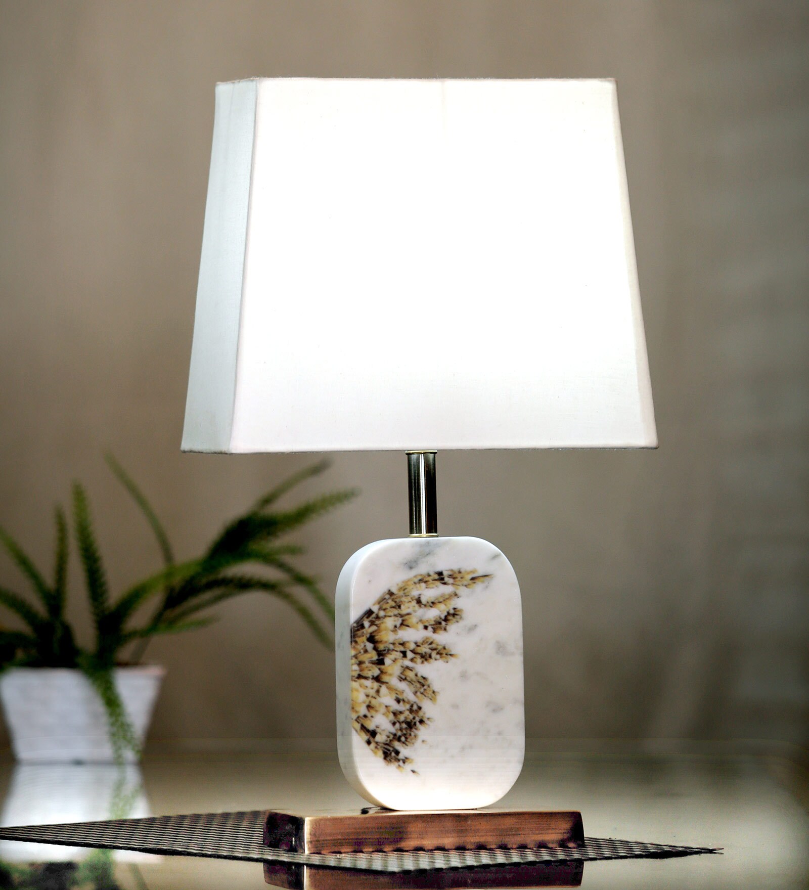 Buy Cherosi White Fabric Shade Night Lamp With Marble Metal Base By