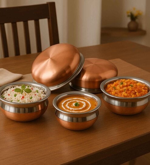 (Set of 5)  Copper Bottom Handi (500ml, 800ml, 1000ml, 1200 ml, 1500 ml)