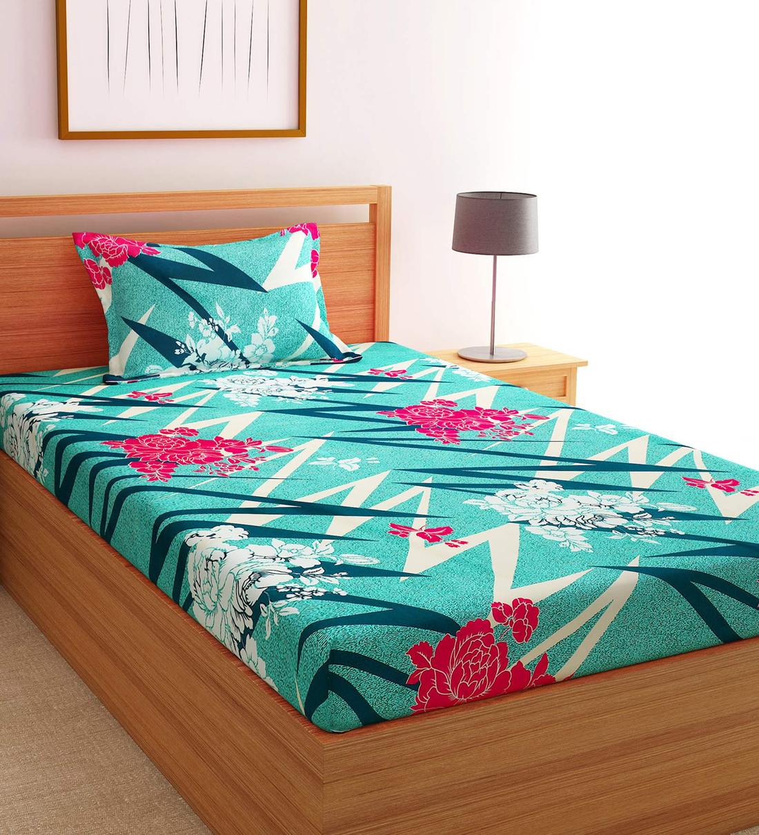 Blue Floral 200 TC Poly Cotton Single Bed Sized Bed Sheets With 1 Pillow Cover,