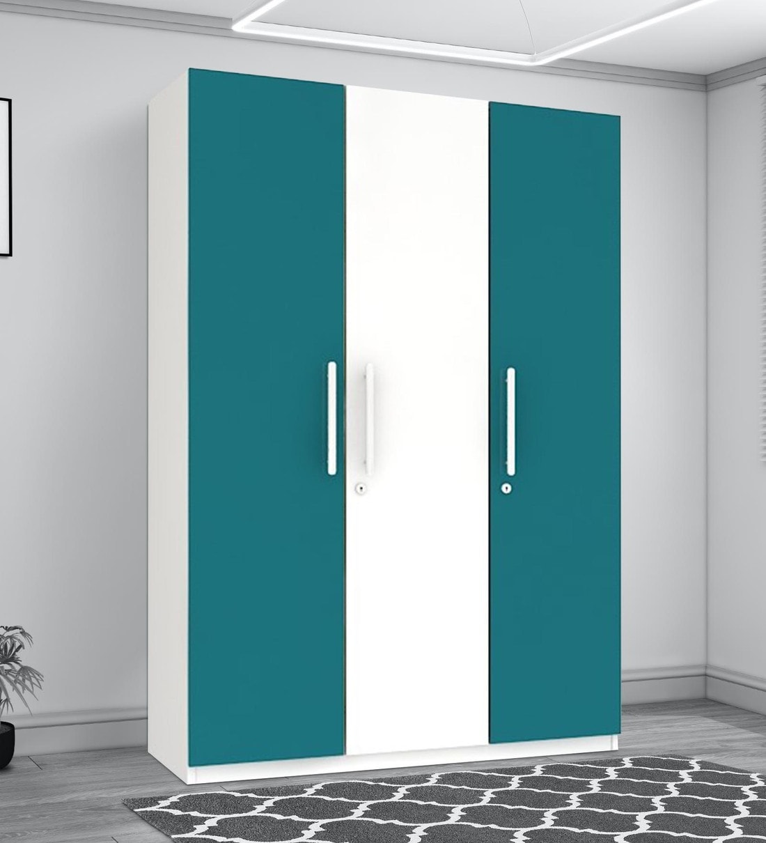 Buy Robin 3 Door Wardrobe in Ocean Green & Super White Colour by TREEBLOCK Online 3 Door