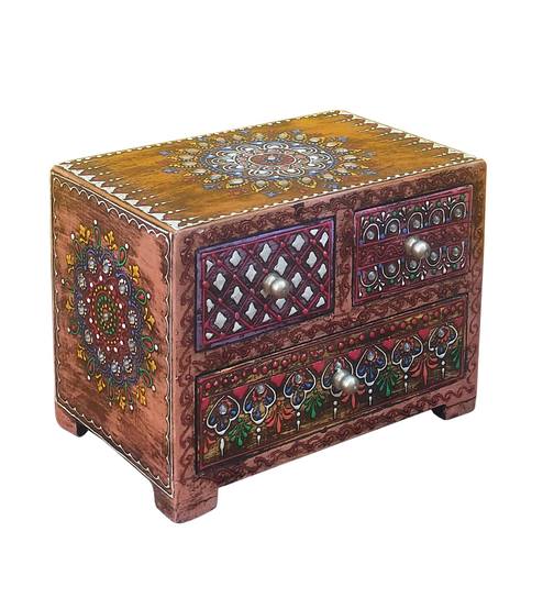 Buy 3 Compartments Mango Wood Trinket Box In Multicolour By Art Of