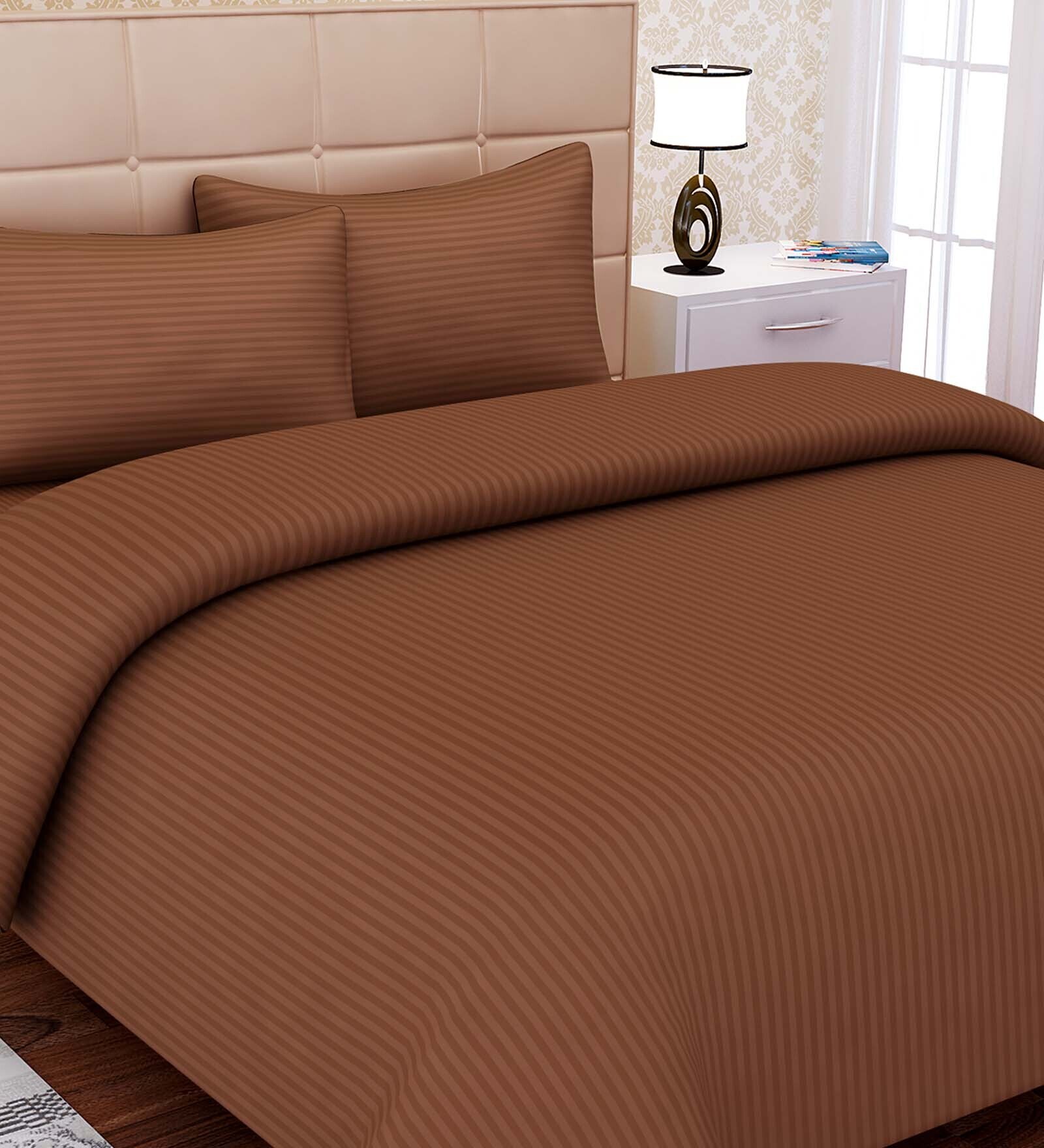 Buy Brown Striped 220 TC Cotton King Sized Bed Sheets with 2 Pillow