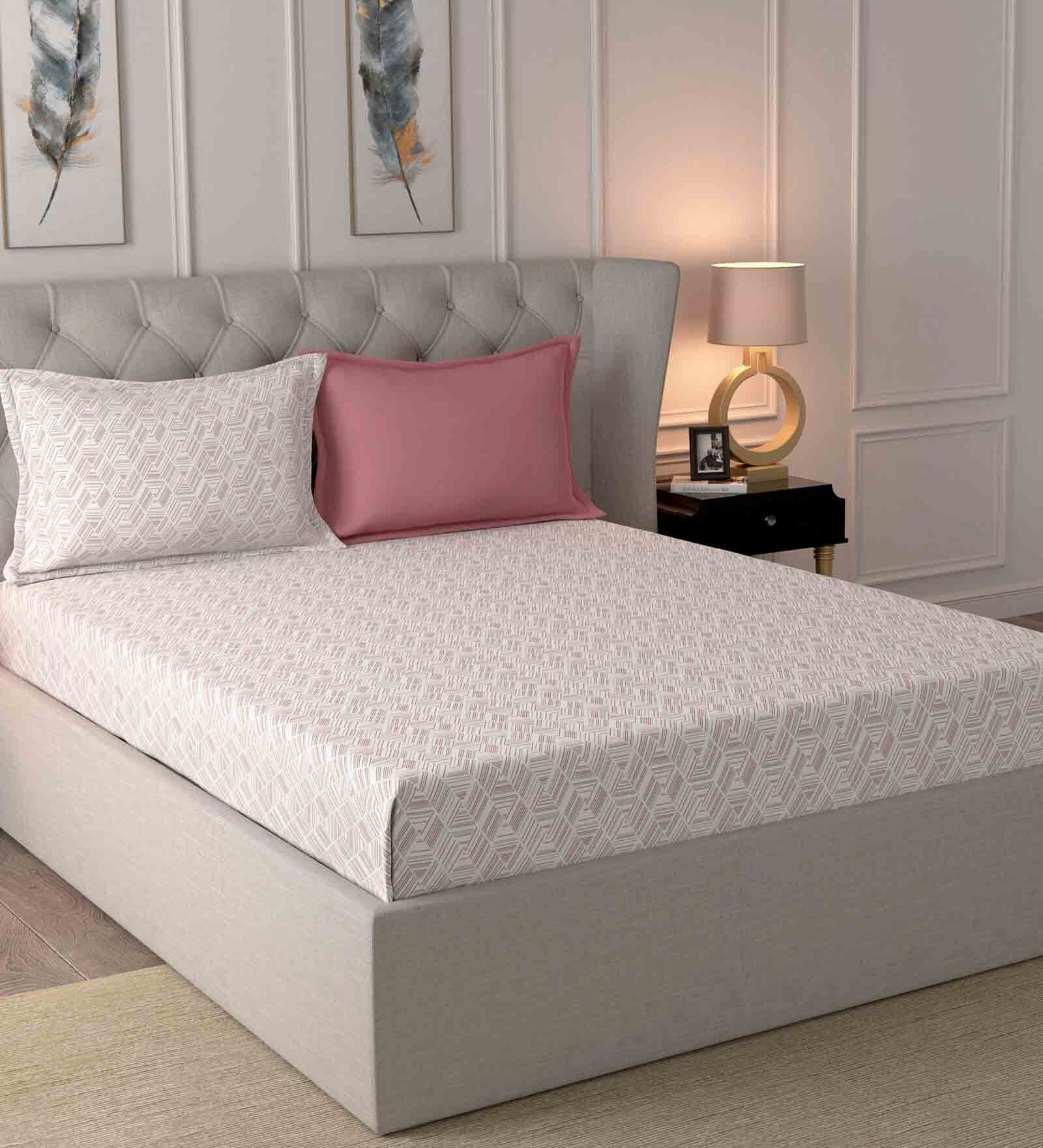 Buy White Geometric 210 TC Cotton 1 Double King Size Bedsheet with 2