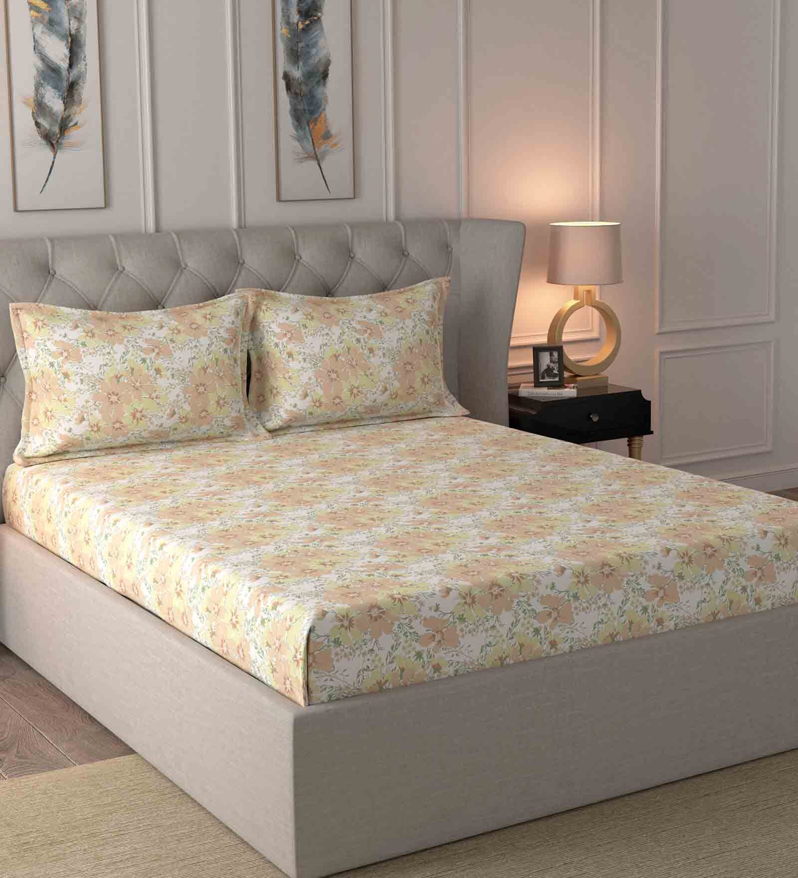 Buy Orange Floral 210 TC Cotton Queen Sized Bed Sheets with 2 Pillow
