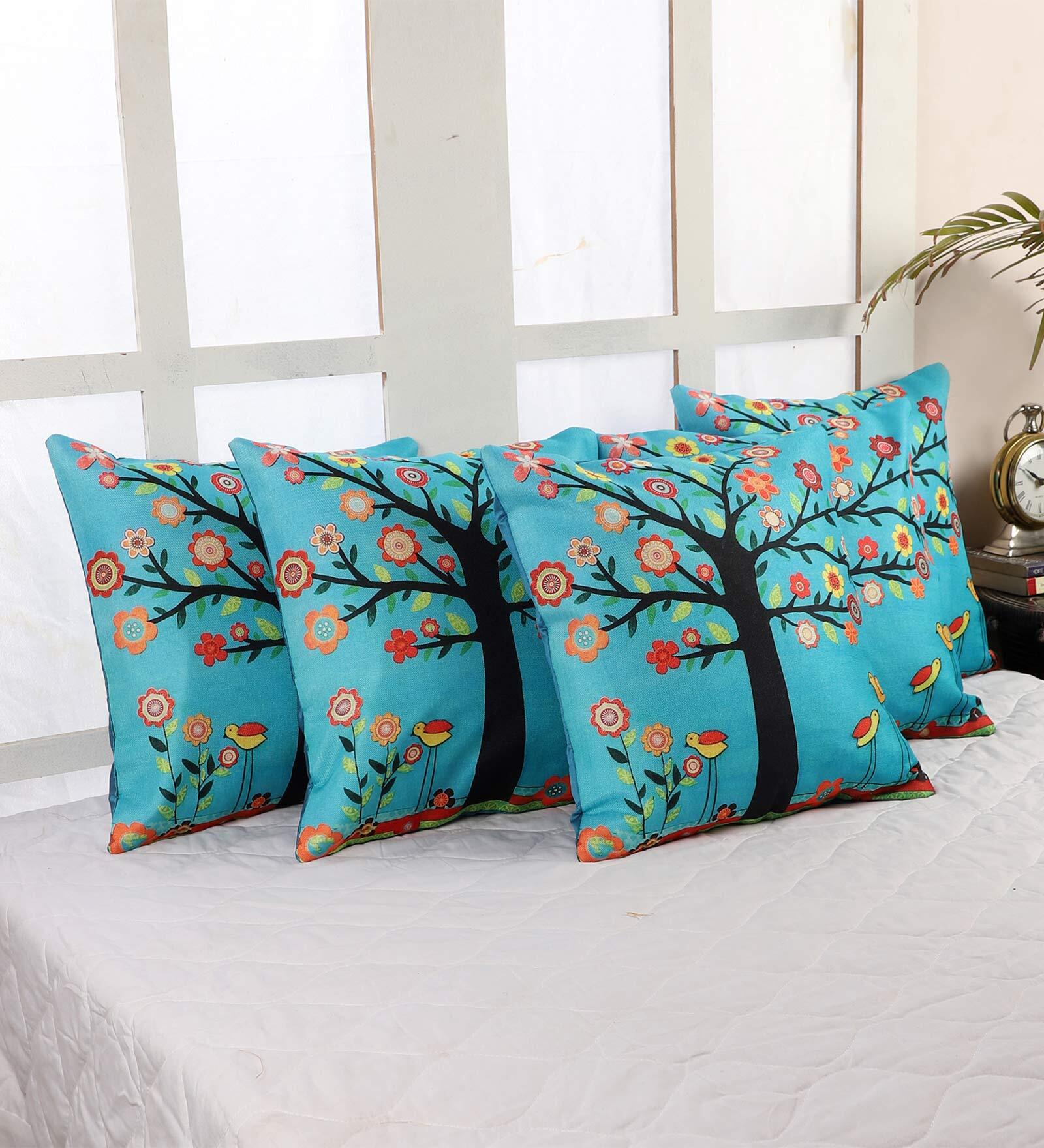 Buy Blue Floral Jute 16 x 16 Inches Cushion Covers (Set of 5) by MFD