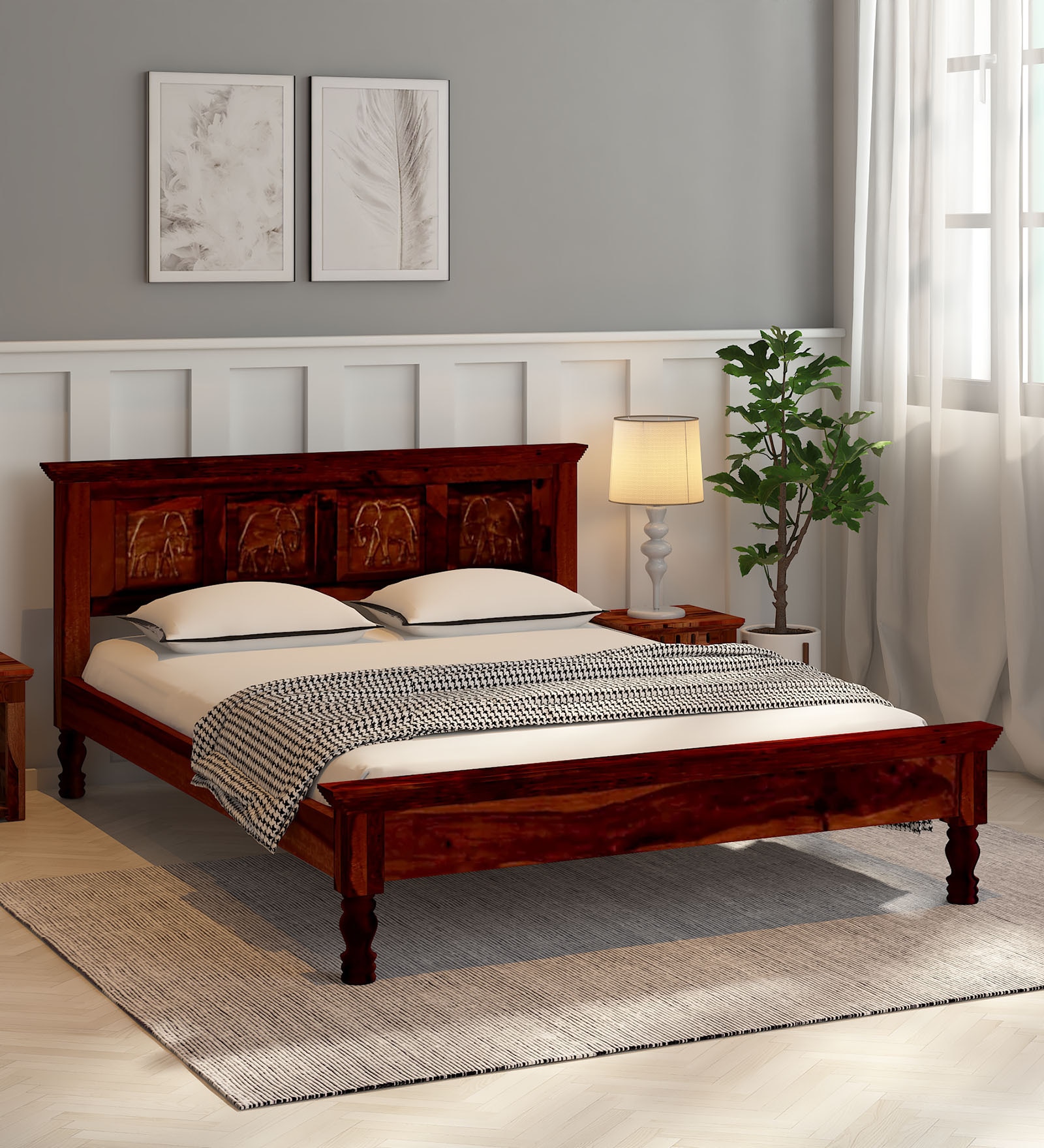 Buy Airavana Sheesham Wood Queen Size Bed In Honey Oak Finish Online ...