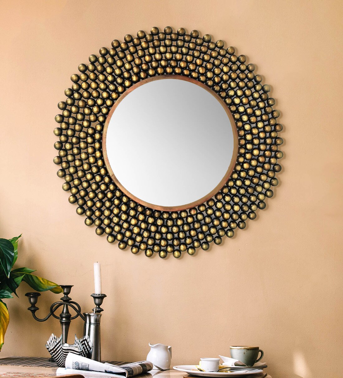 Buy Metal Round Wall Mirror in Green colour by Vedas Online ...