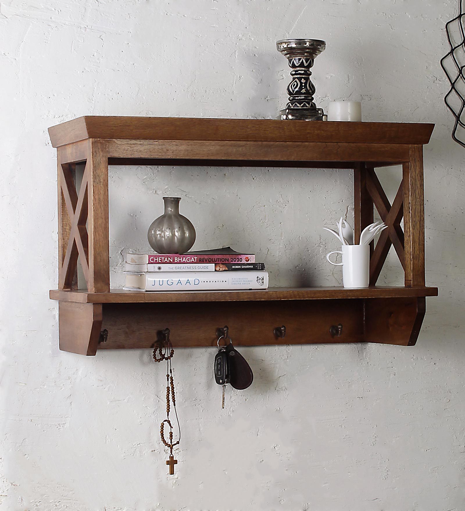 Buy Mango Wood Floating Wall Shelf with Key Holder in Teak finish by Fabuliv Online Modern