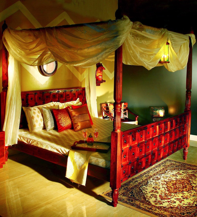 Buy Majestic Canopy Half Back King Size Poster Bed In Golden