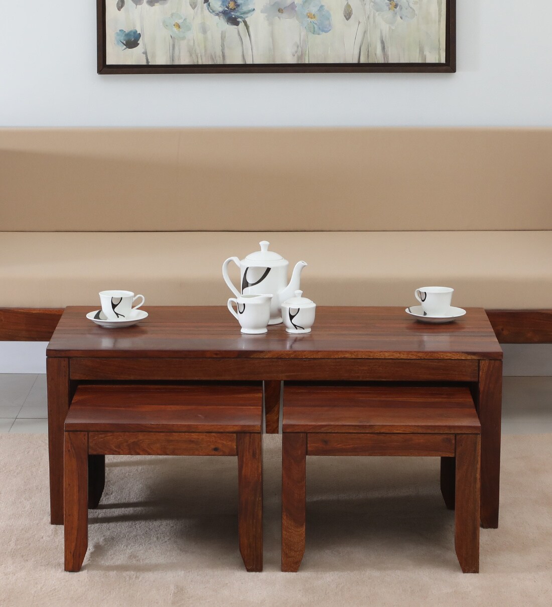Buy Anitz Sheesham Wood Nesting Coffee Table Set in Honey Oak Finish
