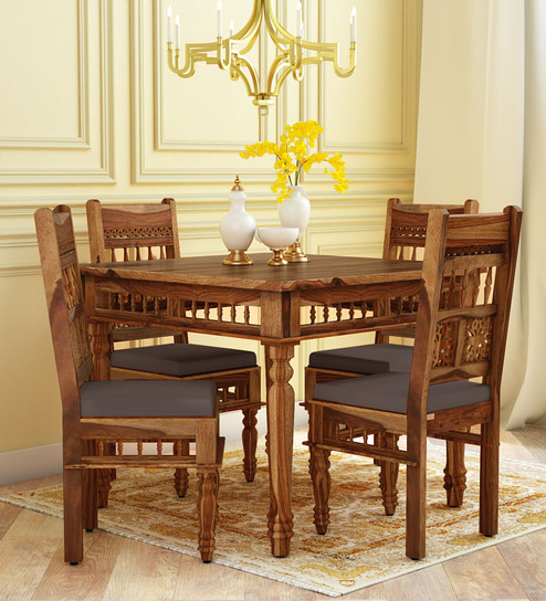 Buy Aramika Solid Wood 4 Seater Dining Set In Rustic Teak Finish By Mudramark Online Traditional 4 Seater Dining Sets Dining Furniture Pepperfry Product