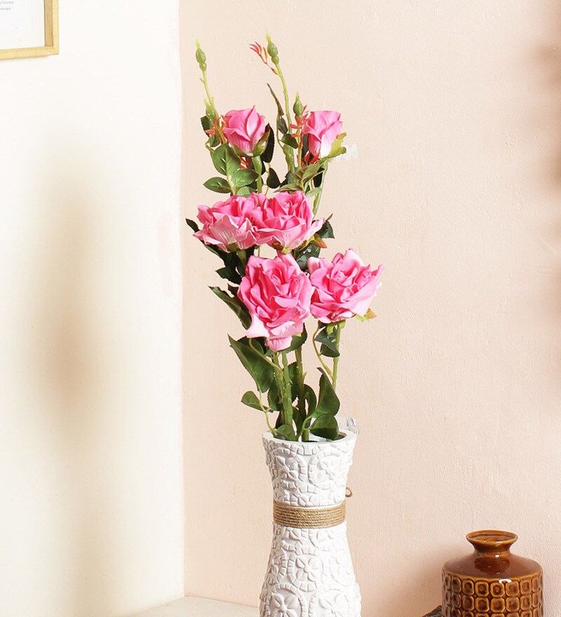 Buy Pink Artificial Velvet Rose With Ceramic Vase By Fourwalls