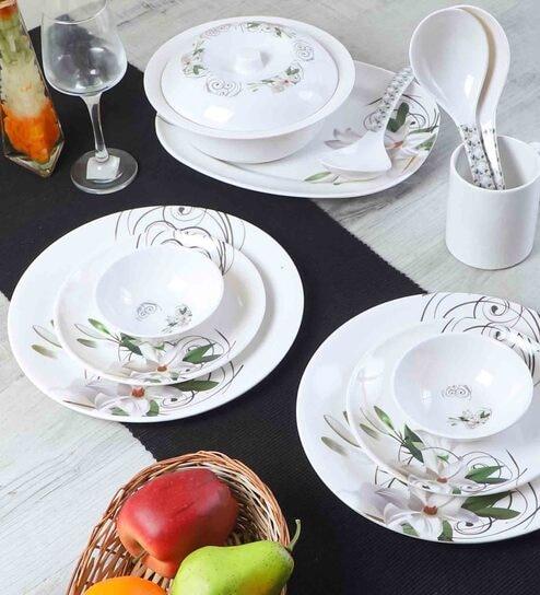 Glossy 33 Pcs White & Green Melamine Dinnerware Set