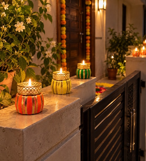 Assorted Golden Multicolour Decorative Tealight Holders with Tealight Candle 4 Pcs