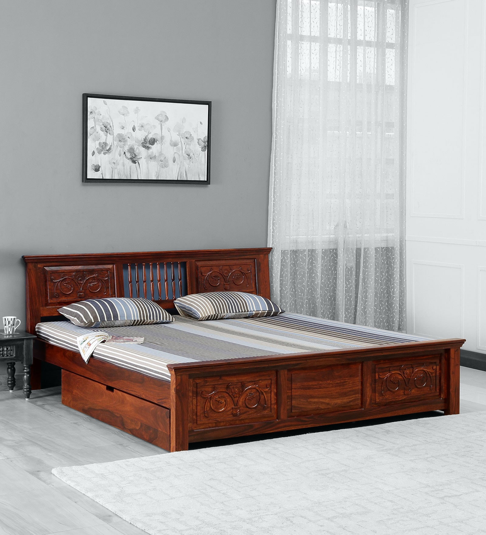Buy Kumud Solid Wood King Bed With Drawer Storage In Honey Oak Finish
