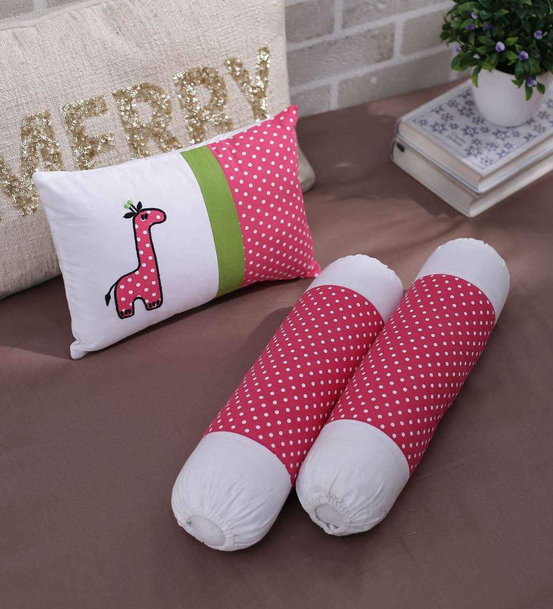 Buy Pink Cotton Rectangle and Cylindrical Pillow with Bolster (Set of 3