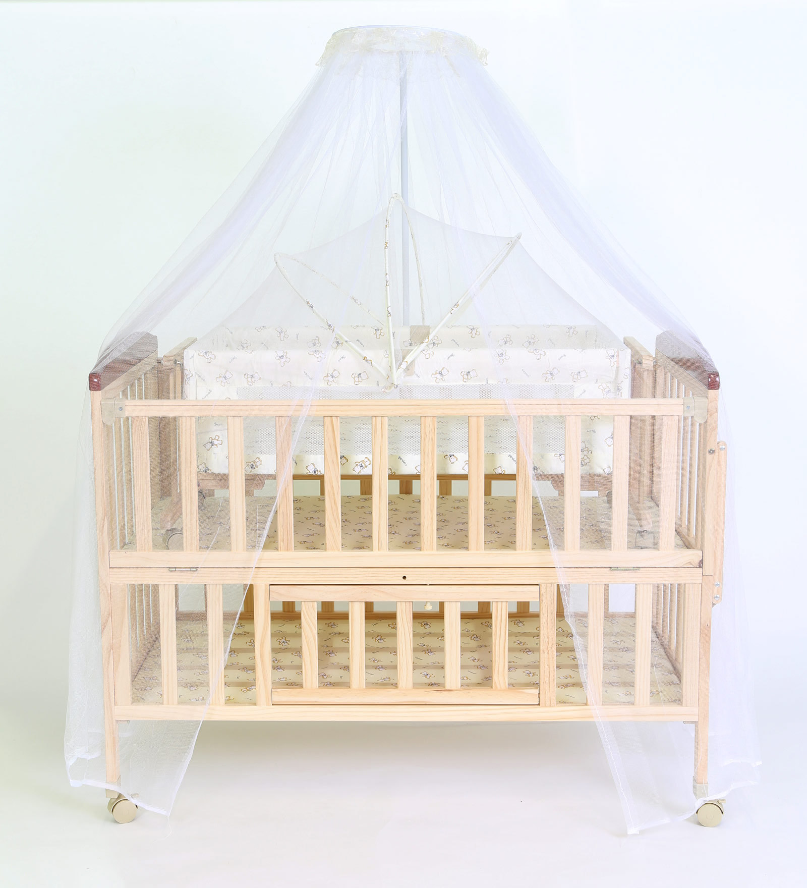 wooden cot with mosquito net