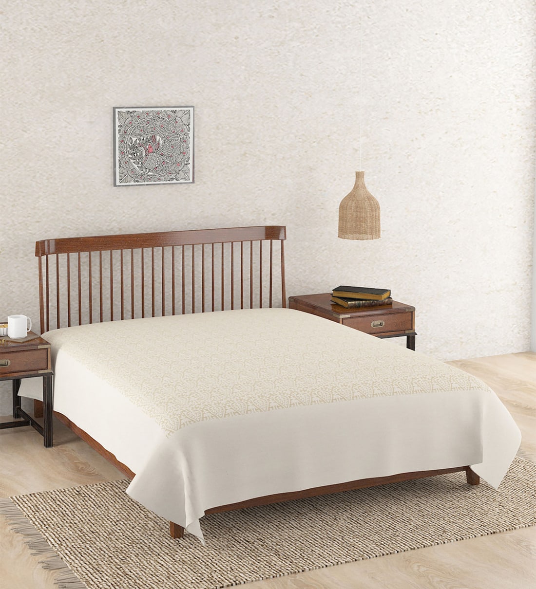 Buy Beige Floral 125 TC Cotton Double Bed Cover by Fabindia Online