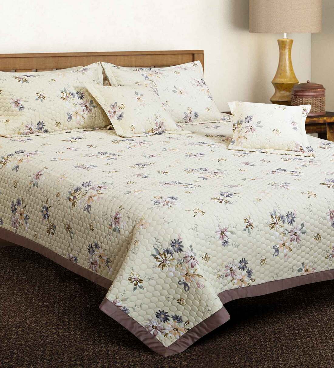 Buy Beige Floral 250 TC Cotton Quilted Double Bed Cover with 2 Pillow