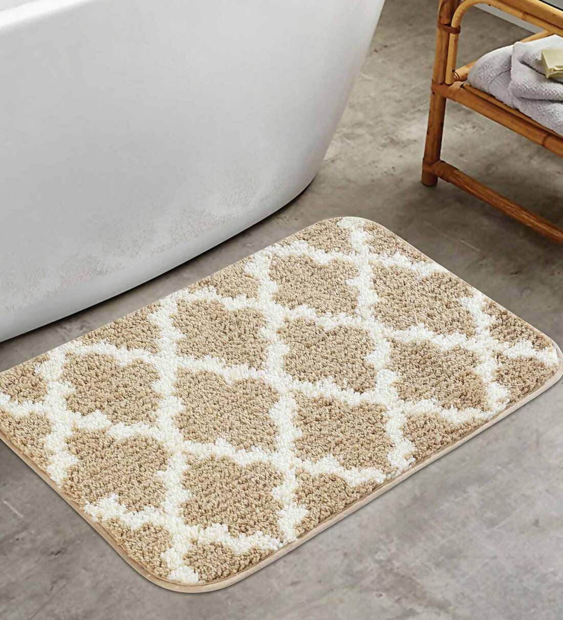 Buy Beige Trellis Traditional Polyester 24x16 Inches Antiskid Bath Mat 