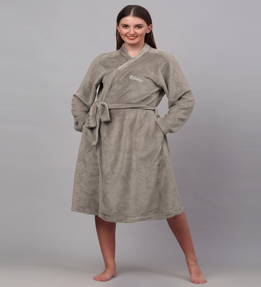 Buy Beige Solid Woolen Women Bath Robe With Belt (S) By Klotthe Online