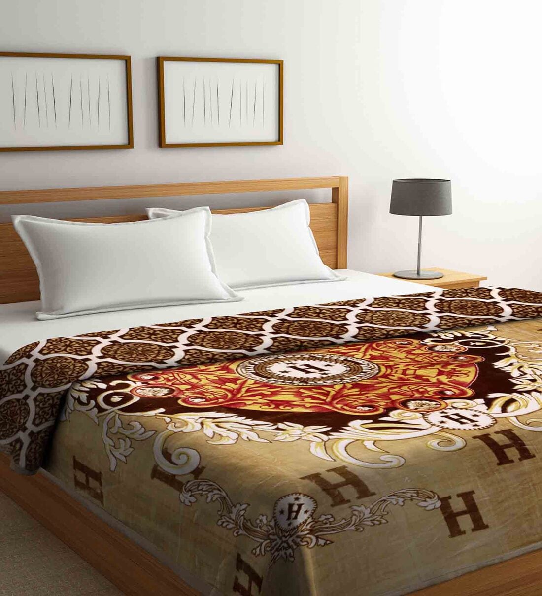 Buy Beige Wool Printed 850 GSM Double Bed Blanket by Klotthe Online