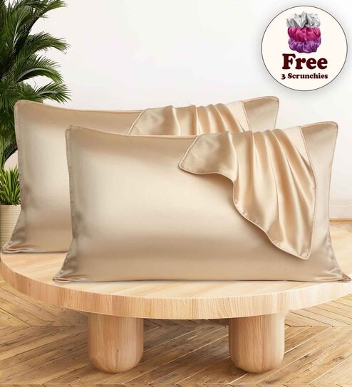 Beige Solid 400 TC Silk 2 Pillow Covers With 3 Scrunchies Free