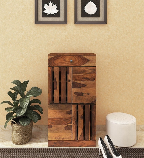 Buy Benton Solid Wood Shoe Cabinet In Rustic Teak Finish By Woodsworth Online Modern Shoe Cabinets Shoe Racks Furniture Pepperfry Product