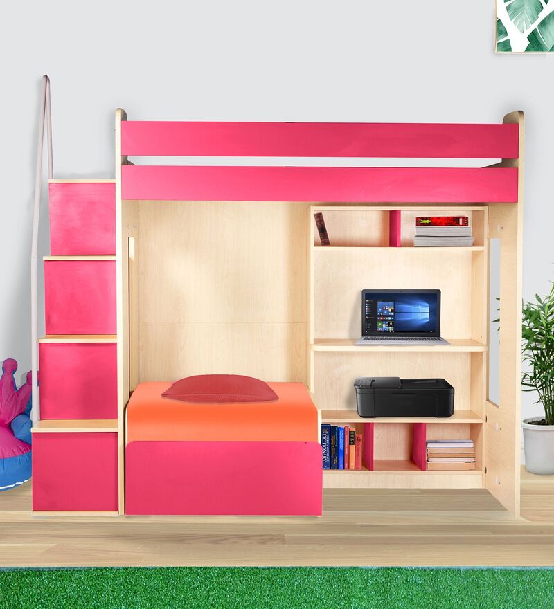 Buy Combi Bunk Bed in Pink Colour with Drawer Storage Online Bunk