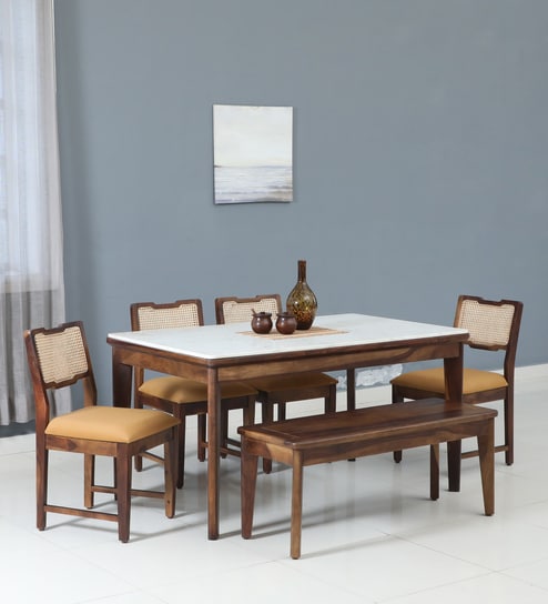 Binche Sheesham Wood 6 Seater Dining Set In Scratch Resistant Provincial Teak Finish With Marble Top & Bench