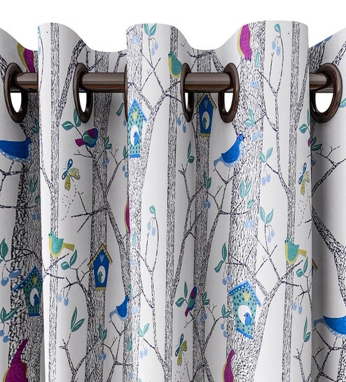 Buy Bird Nest Print Blue Black Eyelet Curtain By Urban Dream