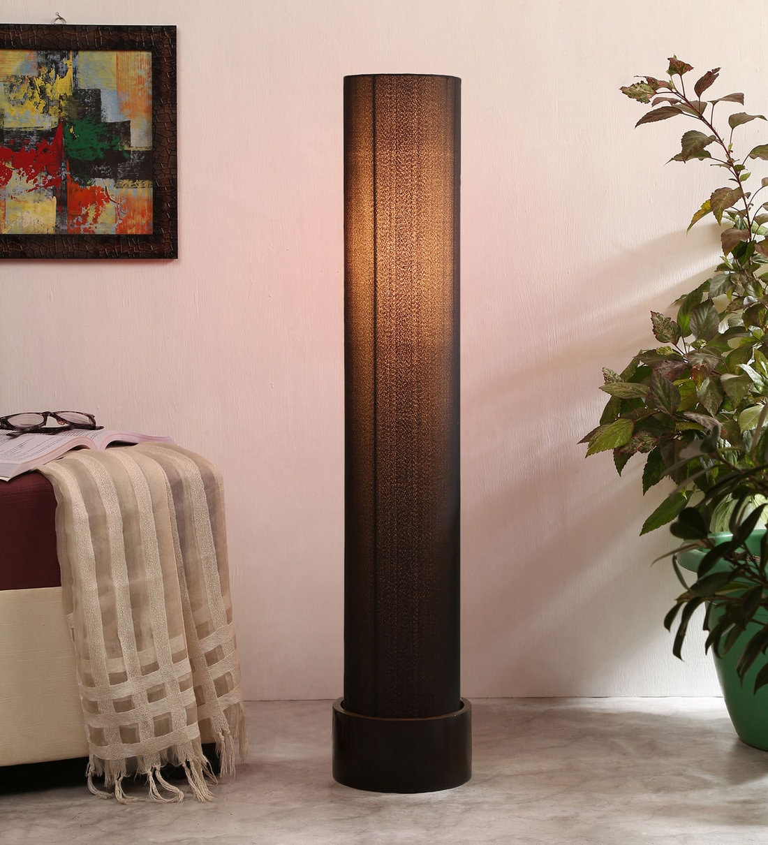 Buy Rocky Black Cotton Shade Column Floor Lamp With Wood Base By New