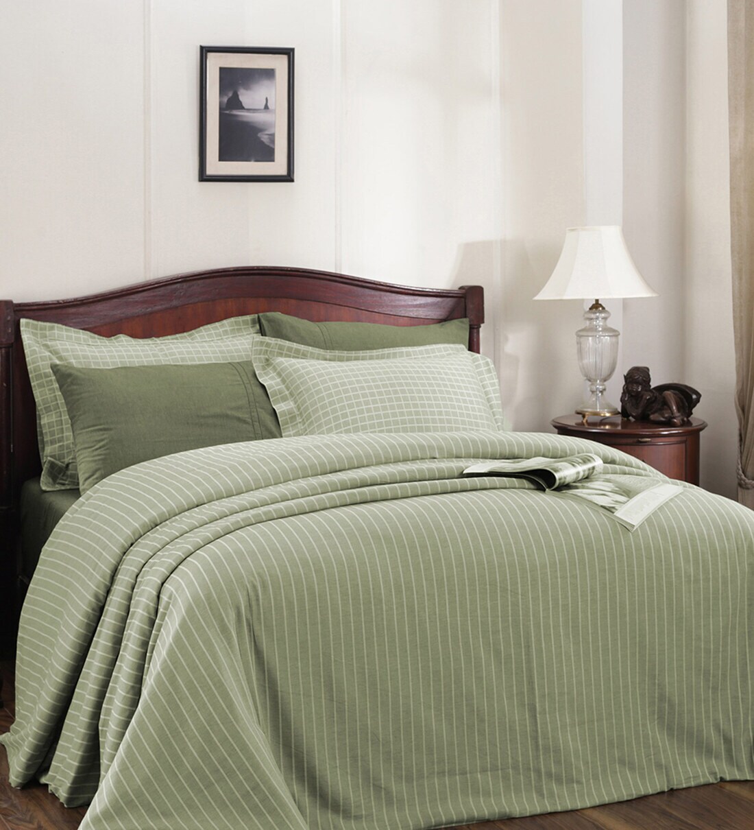 Buy Green Striped 100 Cotton Double Bed Duvet Cover With 2 Pillow