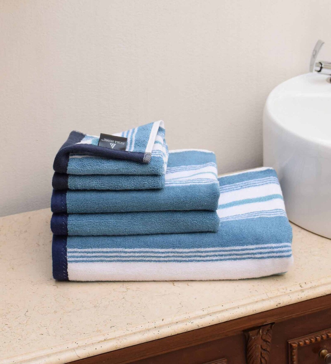 Buy Blue Patterned 550 GSM Cotton Towel Sets (Set of 5) by AVI Living