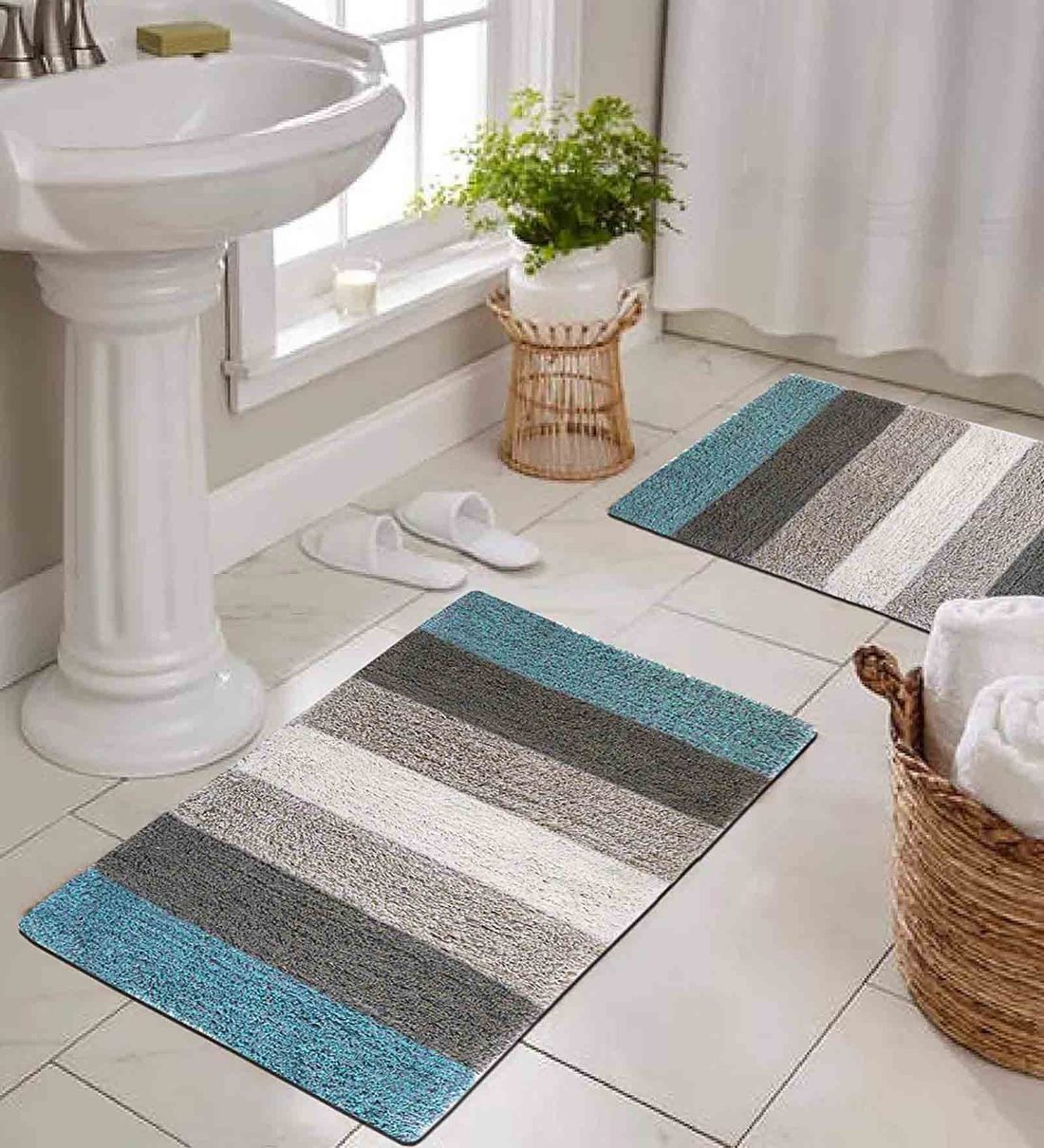 Buy Blue Geometric Cotton 14x20 Inches AntiSkid Bath Mats (Set of 2) by