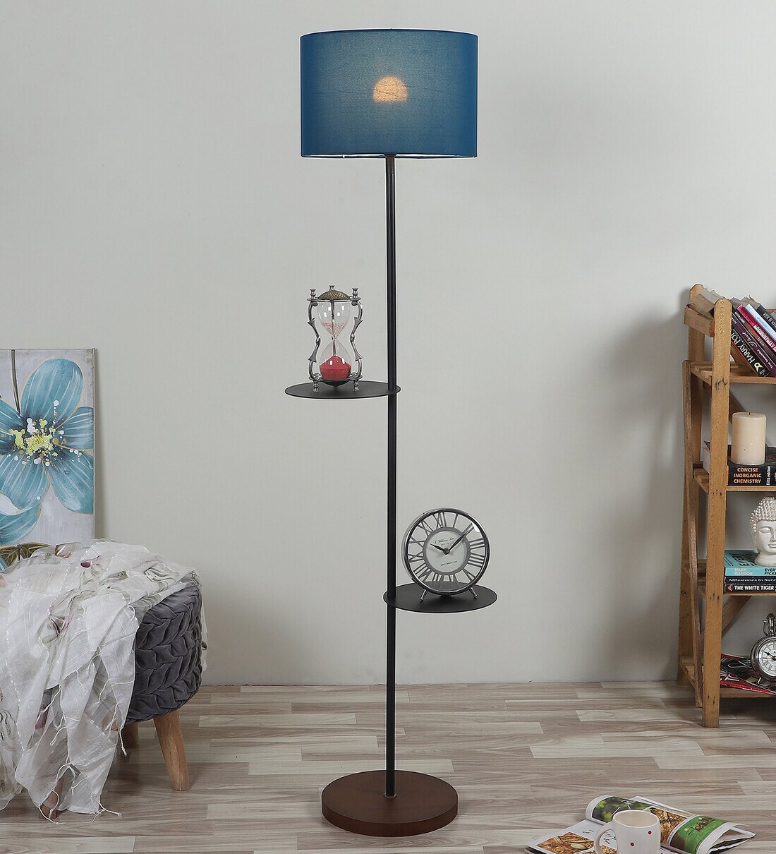 Buy Pascal Blue Cotton Shade Shelf Floor Lamp With MDF Base By Pristine
