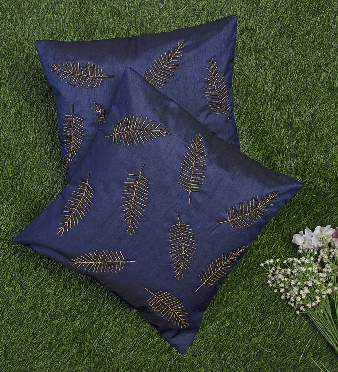 Buy Blue Embroidered ( Set of 2 ) Cushion covers 16x16 Inch Alina decor
