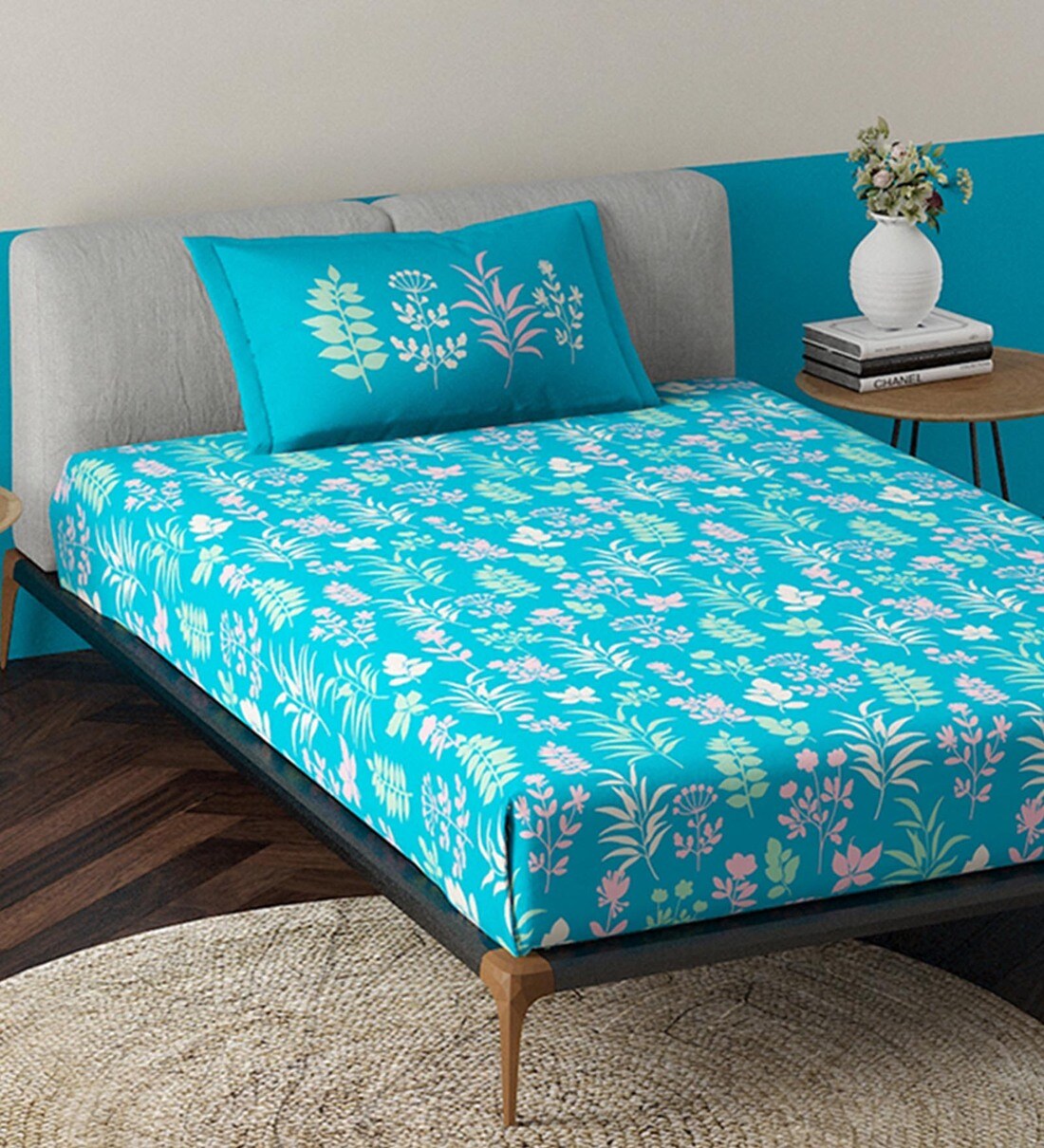 Buy Blue Floral 120 TC 100 Cotton Single Bed Sized Bed Sheets With 1