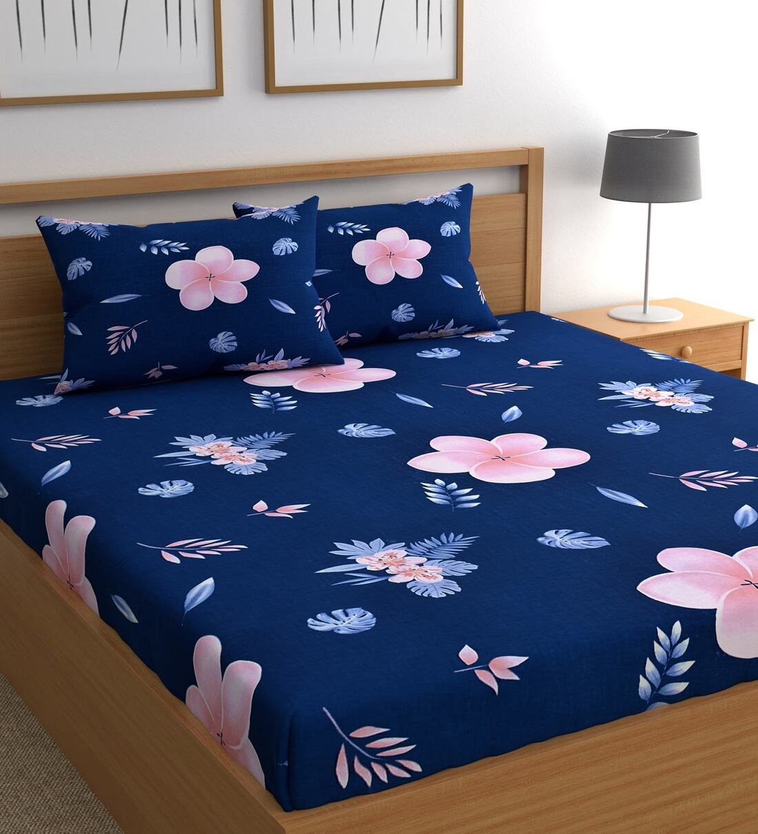 Buy Blue Floral 180 TC Microfiber Double Queen Bedsheet With 2 Pillow