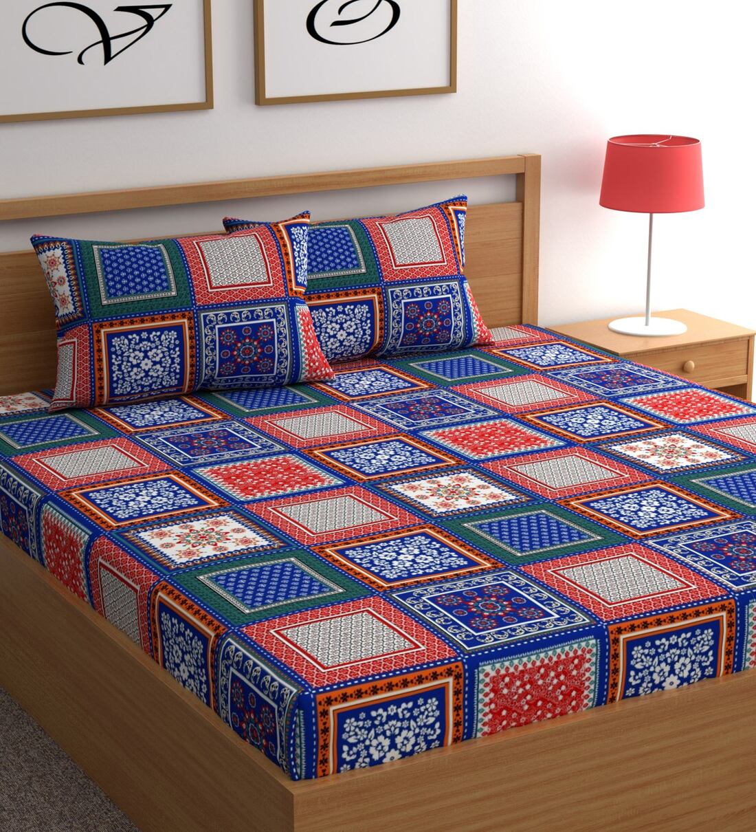 Buy Blue Geometric 180 TC Microfiber Double Queen Bedsheet With 2