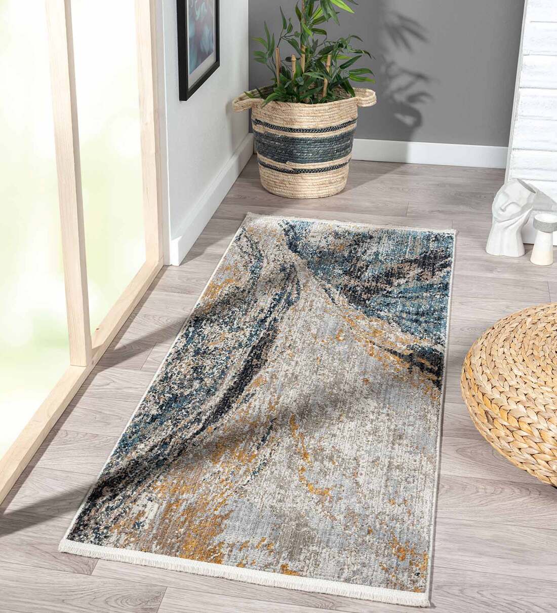 Buy Blue Polyester 5 x 2 Feet Machine Bedside Runner By Obsessions