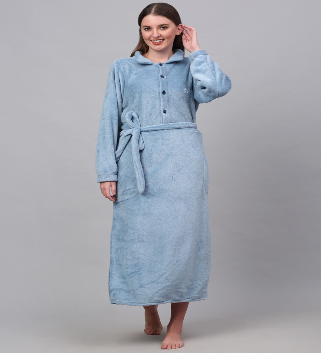 Buy Blue Solid Woolen Women Bath Robe With Belt (XL) By Klotthe Online