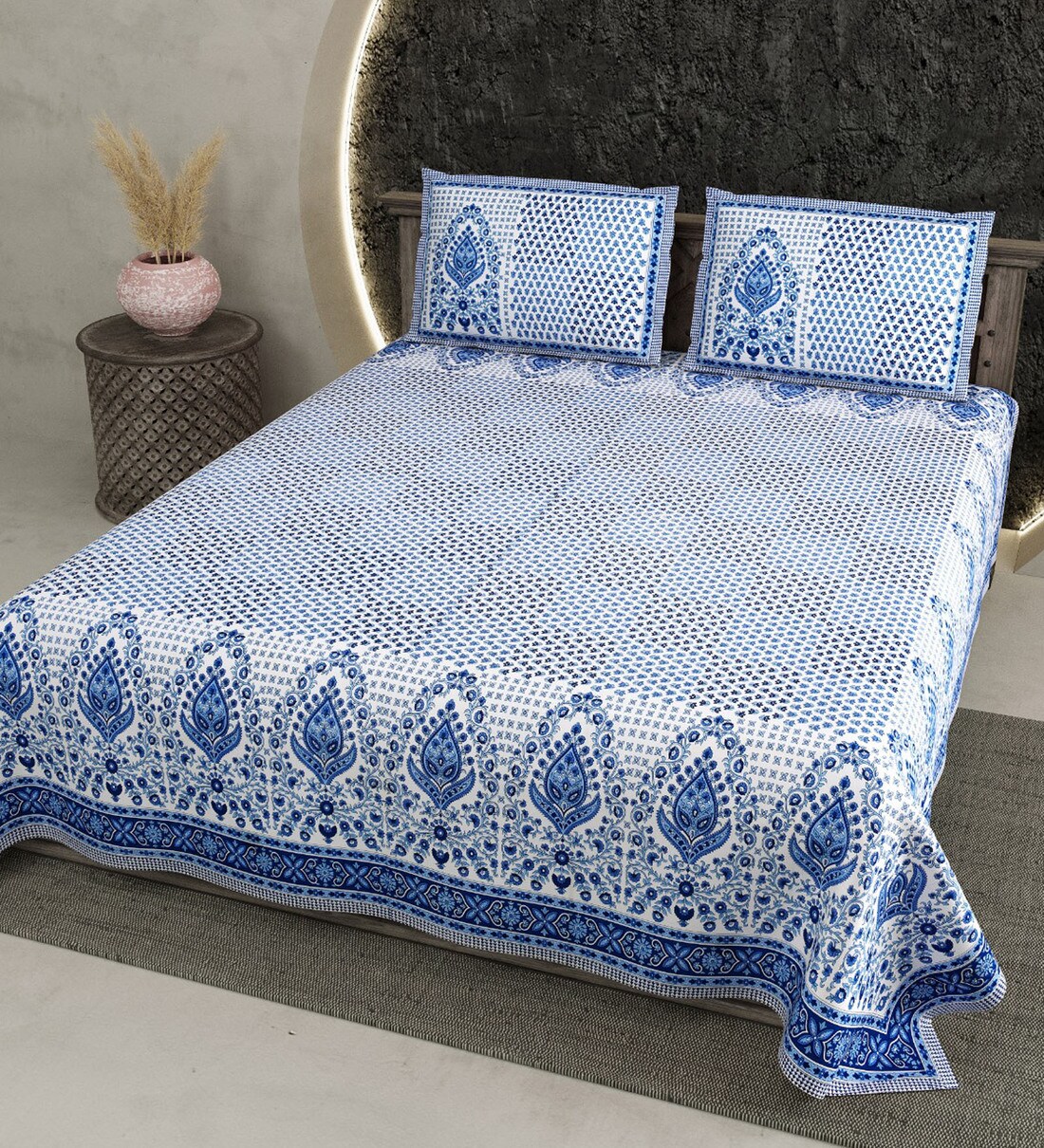 Buy Blue Traditional 210 TC Cotton King Sized Bed Sheets With 2 Pillow ...