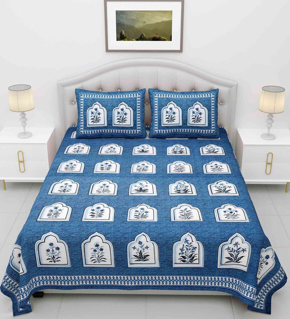 Buy Blue Traditional 210 TC Cotton King Sized Bed Sheets with 2 Pillow