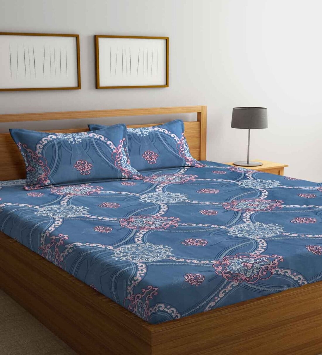 Buy Blue Traditional 210 TC Poly Cotton Queen Sized Bed Sheets With 2 ...