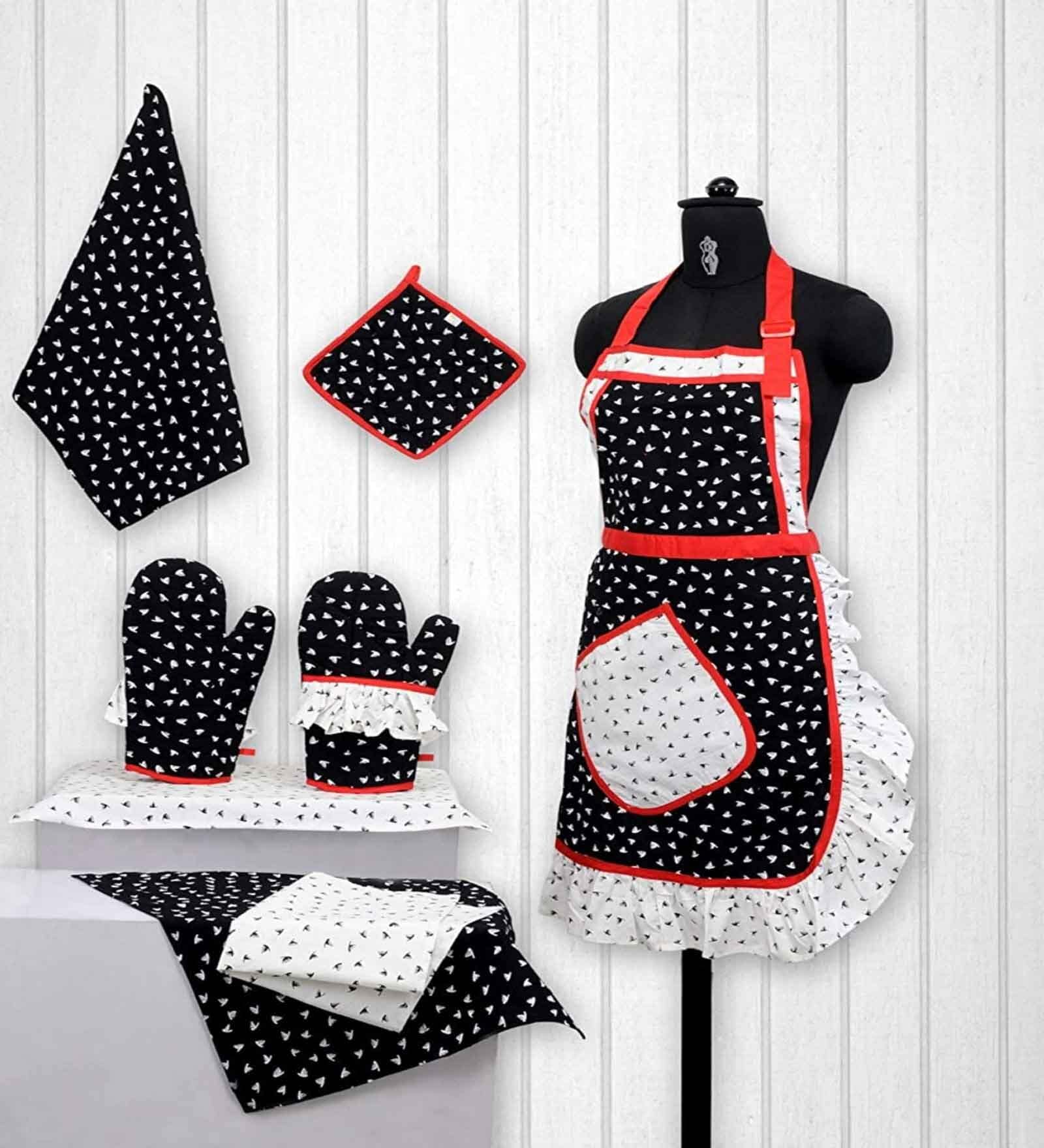 Buy Frill Black & White Cotton (Set of 8) Kitchen Linen Set Online