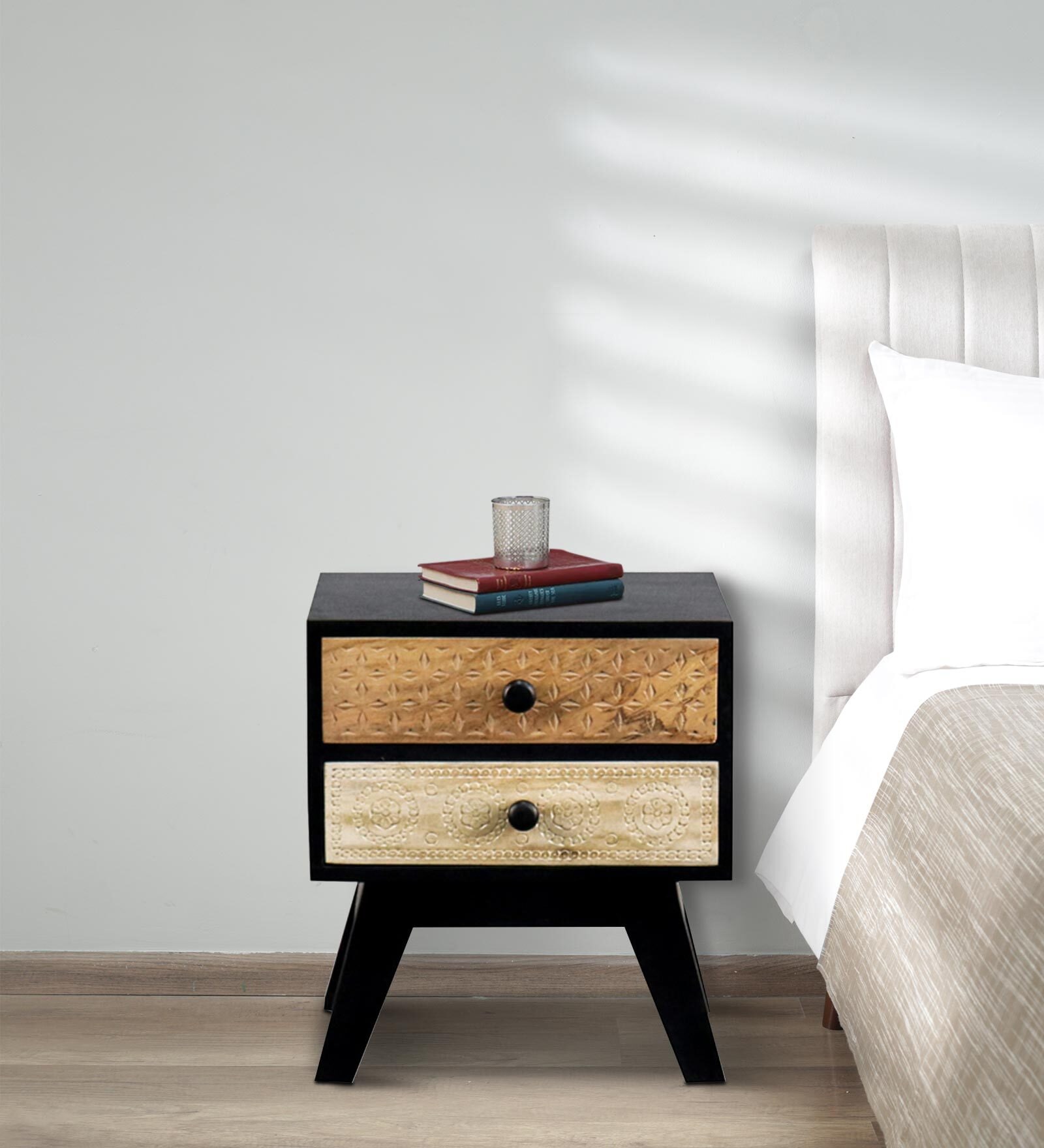 Buy Black Beauty Solid Wood Bedside Table in Black Finish with Drawers